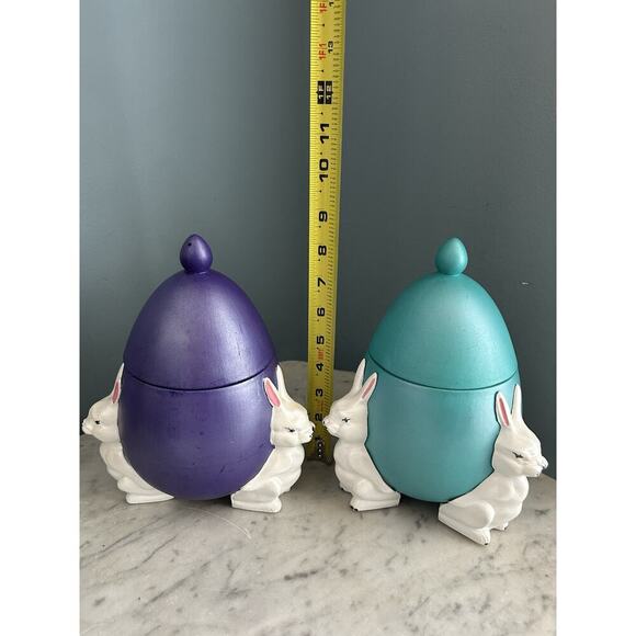 (2) 1960s Ceramic Easter Egg Candy Jar Hand Painted Bunnies Rabbits Purple Teal - Picture 11 of 16